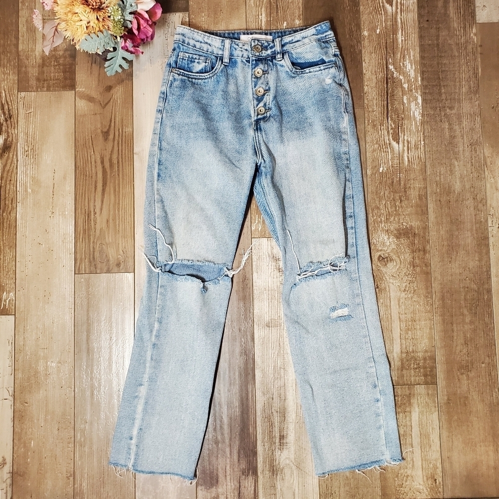 Q2 Premium Denim Women's Size Small High-Rise Distressed Button Fly Jeans